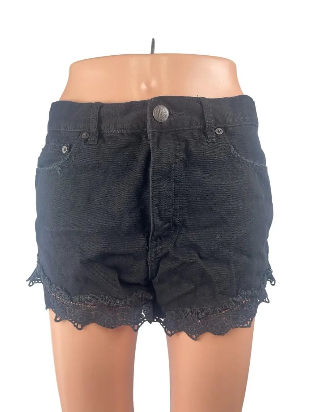 Free People Women's Black Lace Hem High Waisted Wide Leg Denim Jeans Shorts 28